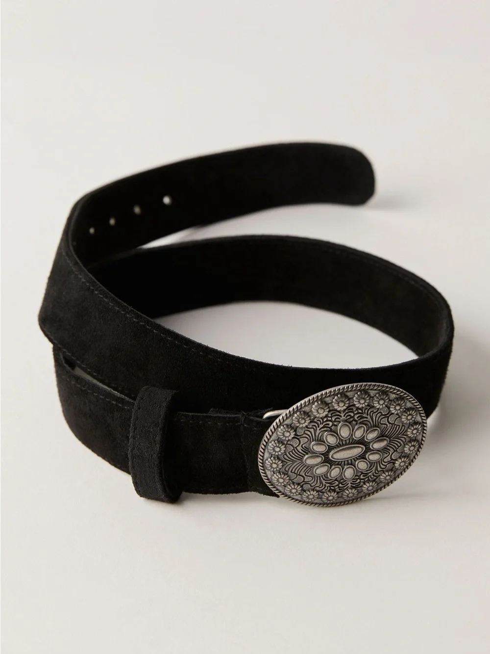 Silver Floral Western Buckle on Black Suede Belt
